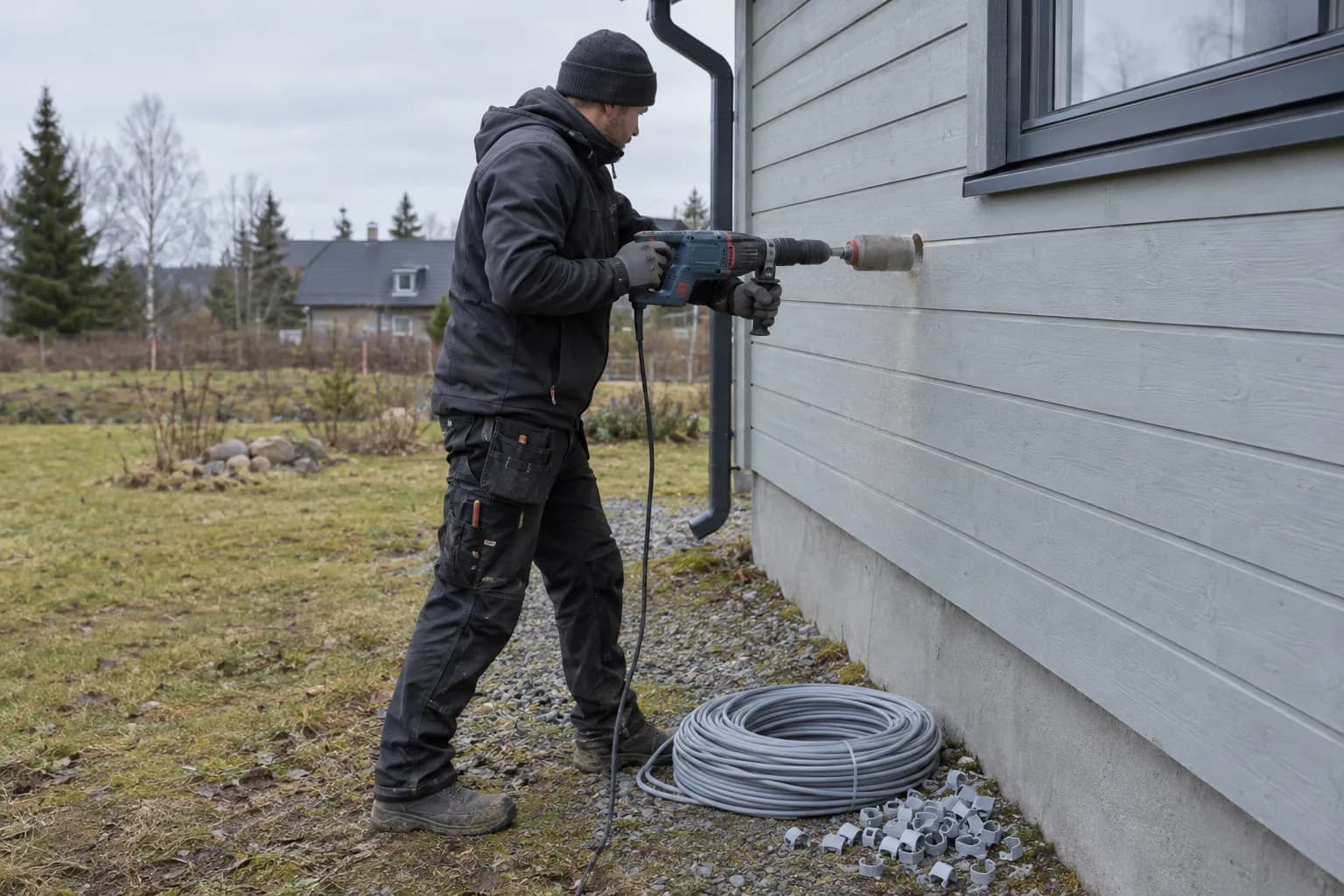 Elektrik puurib maja välisseina kaabli läbiviiku, kõrval kaablirull