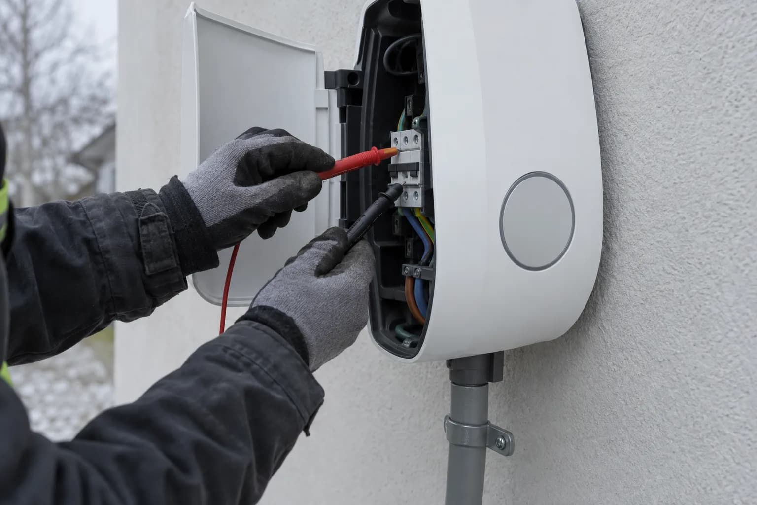 Elektrik mõõdab testriga seinale paigaldatud laadija ühendusi