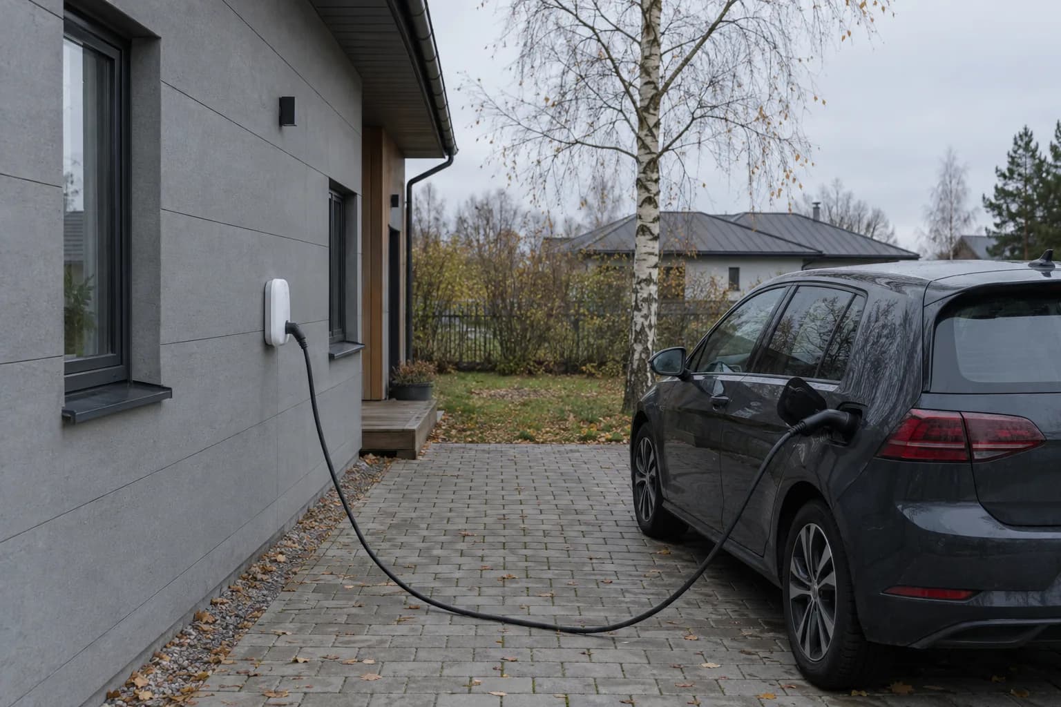 Eramu seinale paigaldatud kodulaadija, kaabel ühendatud sissesõiduteel seisva elektriautoga