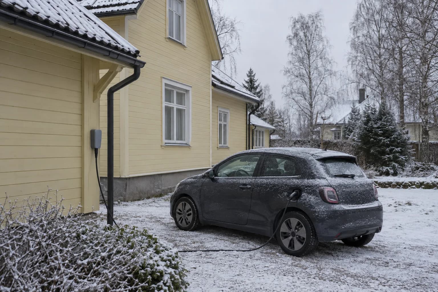 Puitmaja seinal olev laadija, kaabel ühendatud lumisel hoovil seisva autoga