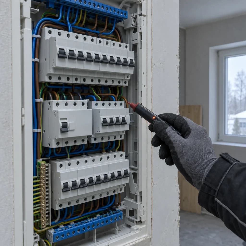 Elektrik kontrollib testriga avatud jaotuskilbi kaitselüliteid