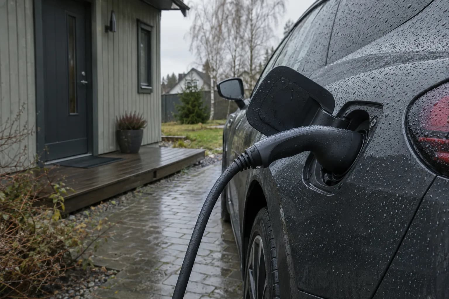 Laadimiskaabel on ühendatud maja ees seisva elektriautoga, vihmane ilm