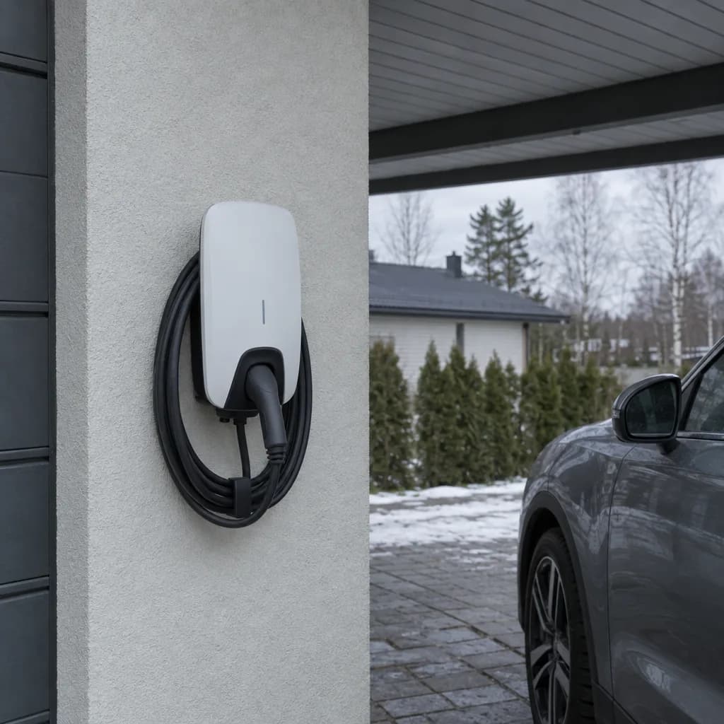 Valge seinalaadija varikatuse all, kaabel kerina ümber