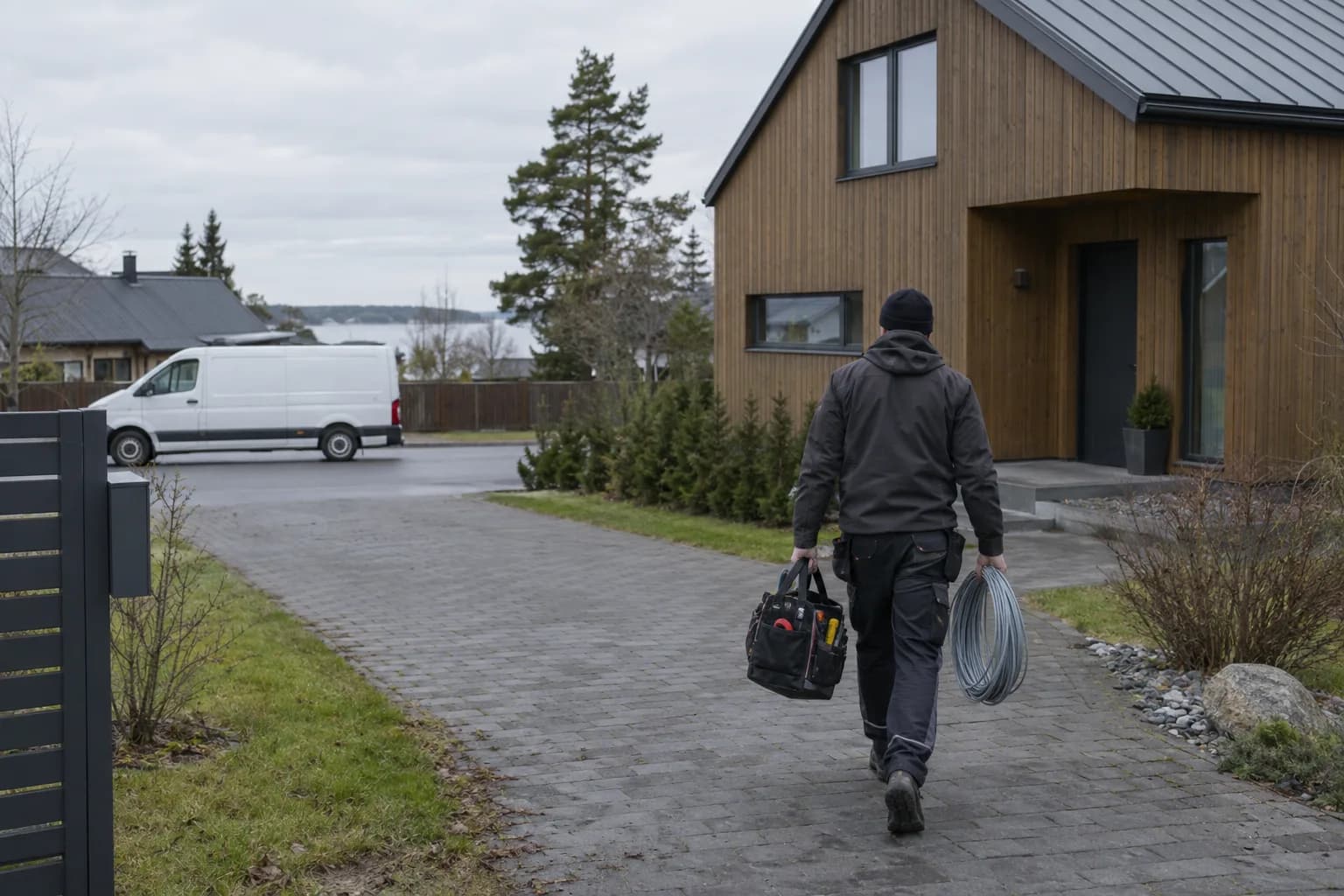 Elektrik kannab tööriistakotti ja kaablirulli mööda sissesõiduteed eramu poole