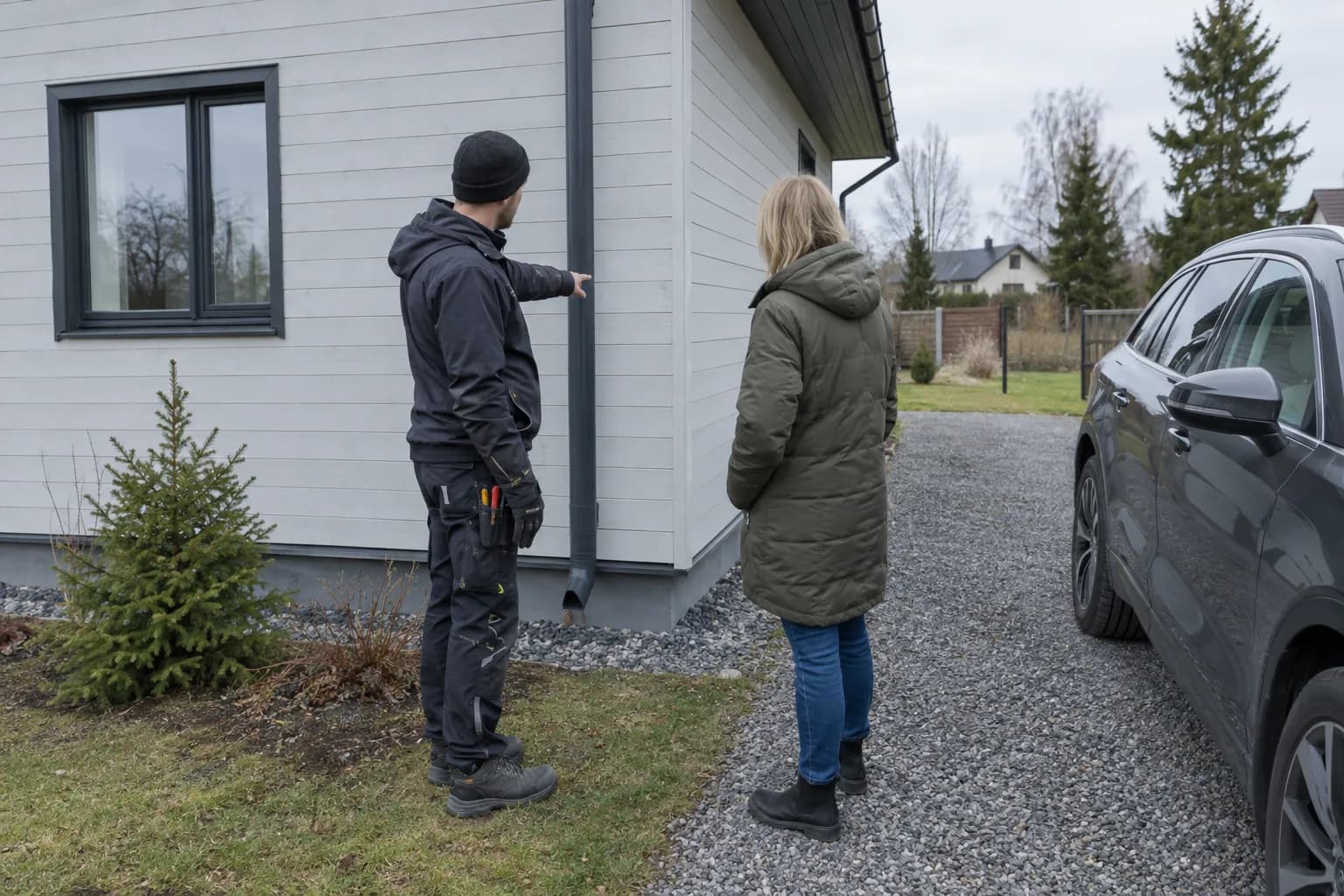 Elektrik näitab majaomanikule seinal kohta, kuhu laadija paigaldatakse