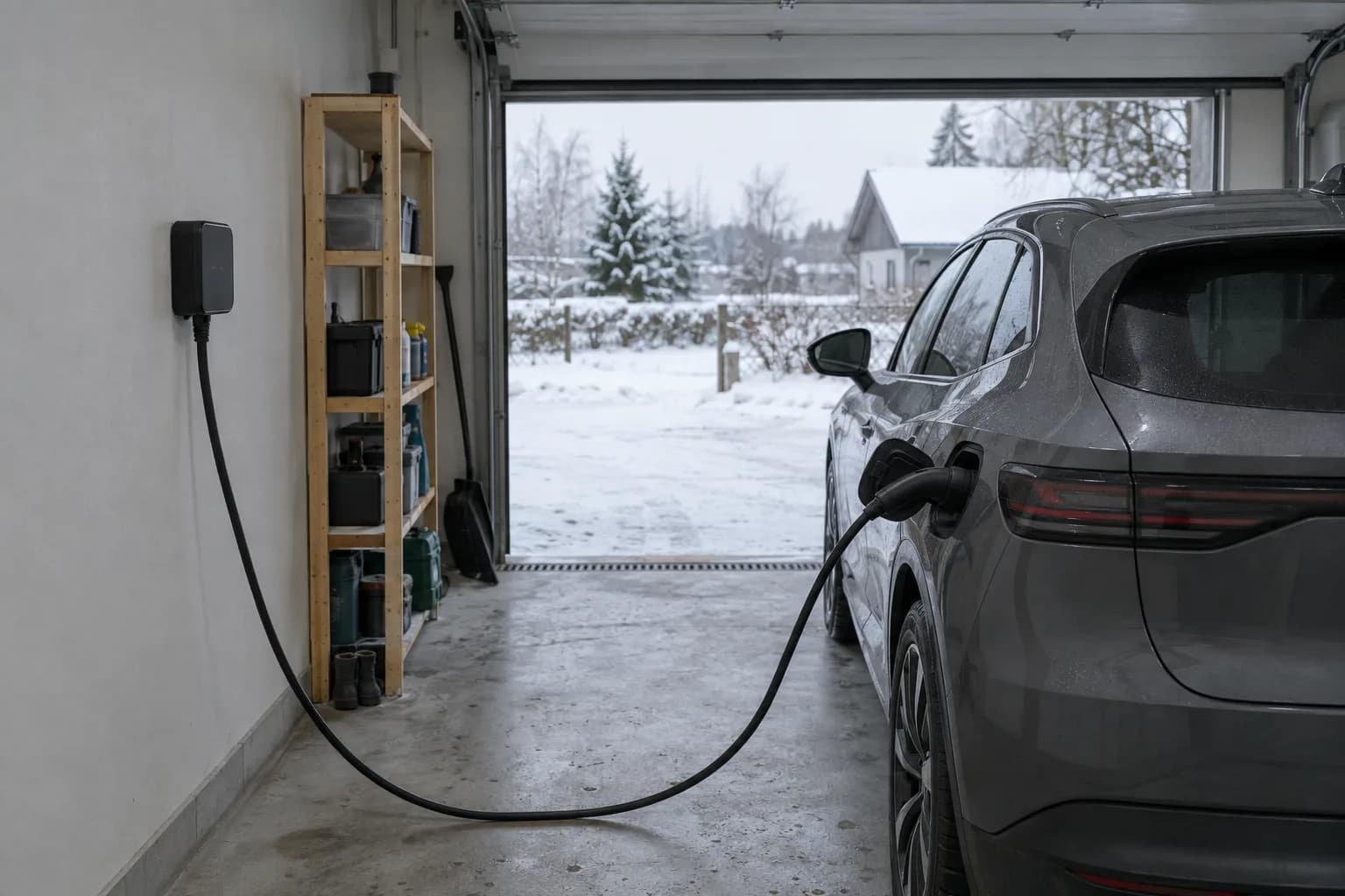 Garaaži seinal olev must laadija, kaabel ühendatud halli autoga, väljas lumi